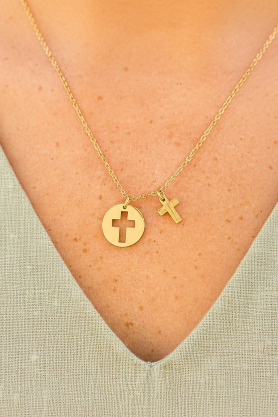 Woman wearing Faith Cross Pendant Necklace in everyday casual styling, showing how this simple expression of faith fits seamlessly into daily wear