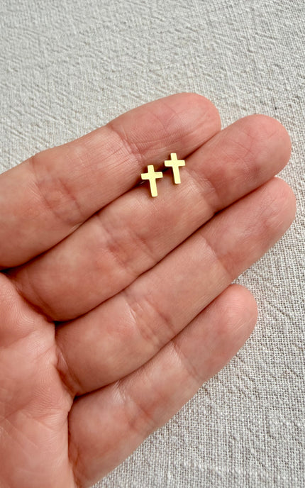 Detailed close-up of minimal cross design on Faith Cross Stud Earring, highlighting the precision and clean lines of the cross shape