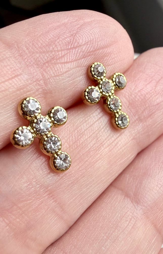 Faith Cross Stone Stud Earrings featuring classic cross silhouette with round cubic zirconia accent in 18k gold PVD over 316L stainless steel, lightweight post earrings for everyday wear