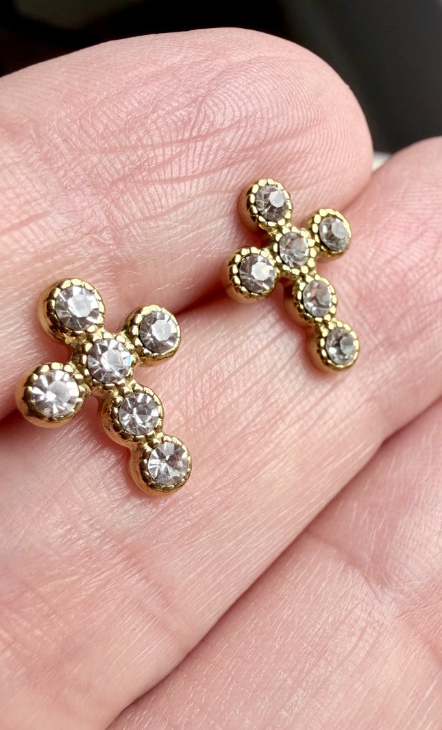Faith Cross Stone Stud Earrings featuring classic cross silhouette with round cubic zirconia accent in 18k gold PVD over 316L stainless steel, lightweight post earrings for everyday wear