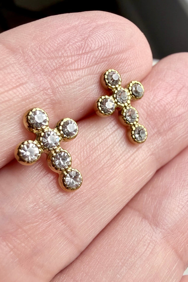 Faith Cross Stone Stud Earrings featuring classic cross silhouette with round cubic zirconia accent in 18k gold PVD over 316L stainless steel, lightweight post earrings for everyday wear