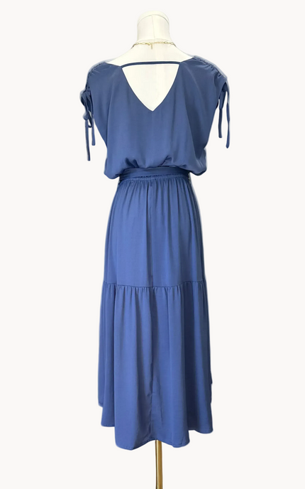 Falling Grace Midi Dress – soft dusty blue tiered midi with tie sleeves and gathered waist – Justyna Grace Boutique