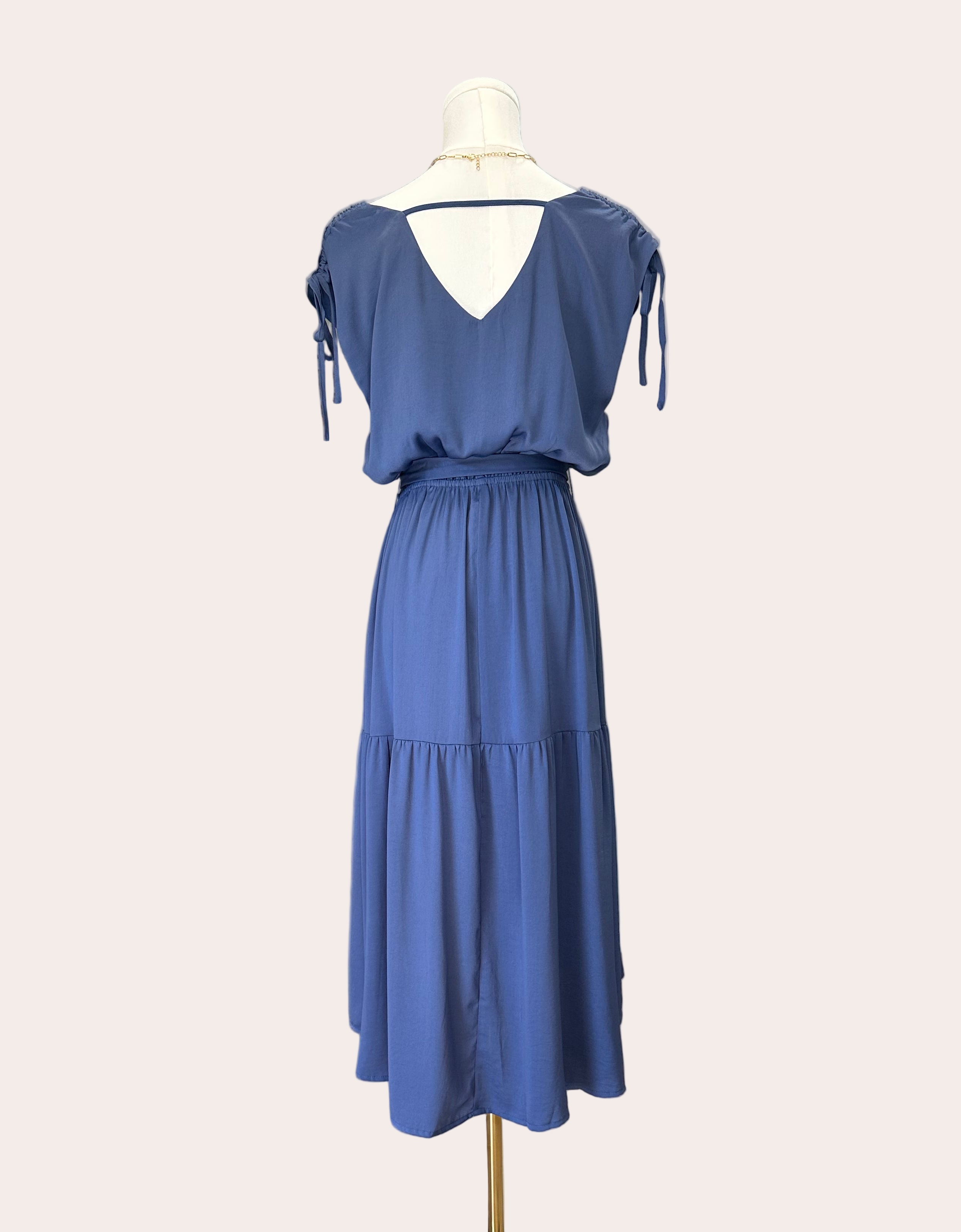 Falling Grace Midi Dress – soft dusty blue tiered midi with tie sleeves and gathered waist – Justyna Grace Boutique