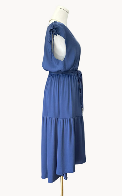 Falling Grace Midi Dress – soft dusty blue tiered midi with tie sleeves and gathered waist – Justyna Grace Boutique