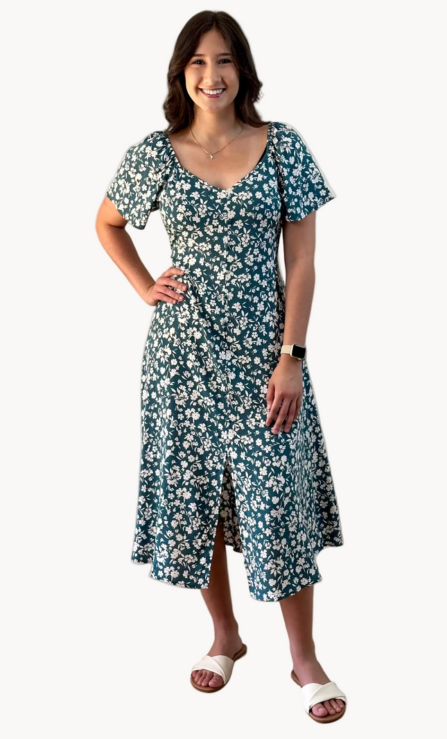 Floral Button-Down Midi Dress — soft rayon floral dress with princess neckline and flared sleeves from Justyna Grace Boutique.