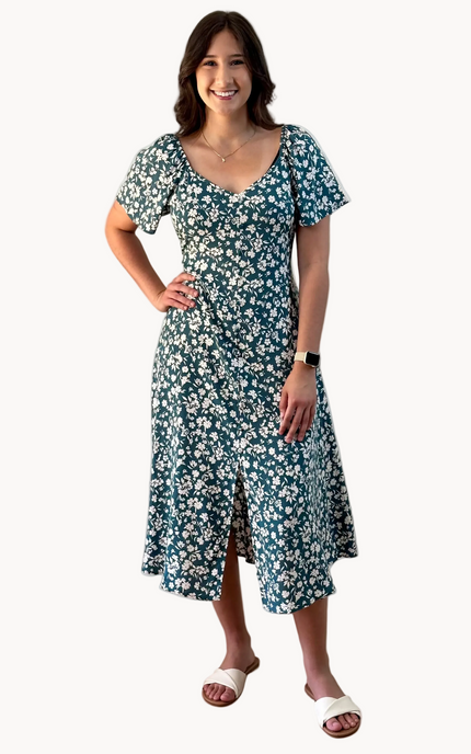 Floral Button-Down Midi Dress — soft rayon floral dress with princess neckline and flared sleeves from Justyna Grace Boutique.