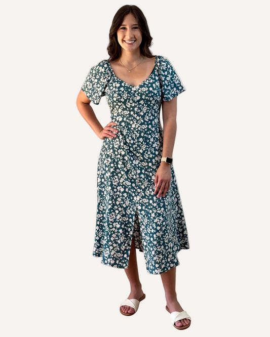 Floral Button-Down Midi Dress — soft rayon floral dress with princess neckline and flared sleeves from Justyna Grace Boutique.
