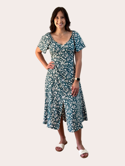 Floral Button-Down Midi Dress — soft rayon floral dress with princess neckline and flared sleeves from Justyna Grace Boutique.