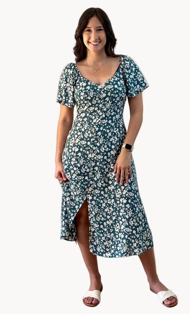 Floral Button-Down Midi Dress — soft rayon floral dress with princess neckline and flared sleeves from Justyna Grace Boutique.