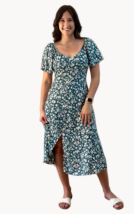 Floral Button-Down Midi Dress — soft rayon floral dress with princess neckline and flared sleeves from Justyna Grace Boutique.
