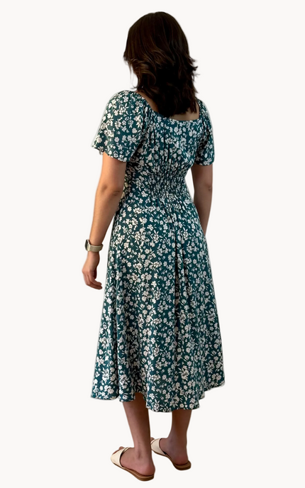 Floral Button-Down Midi Dress — soft rayon floral dress with princess neckline and flared sleeves from Justyna Grace Boutique.