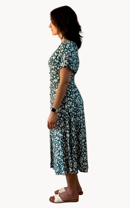 Floral Button-Down Midi Dress — soft rayon floral dress with princess neckline and flared sleeves from Justyna Grace Boutique.