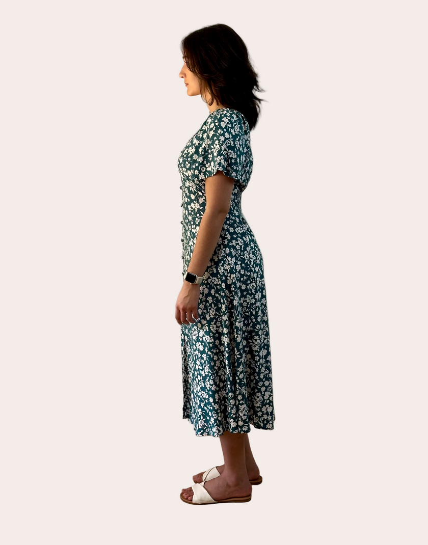 Floral Button-Down Midi Dress — soft rayon floral dress with princess neckline and flared sleeves from Justyna Grace Boutique.