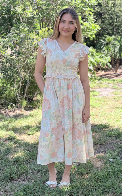 Romantic floral midi dress in breathable linen blend with flutter sleeves and scallop trim