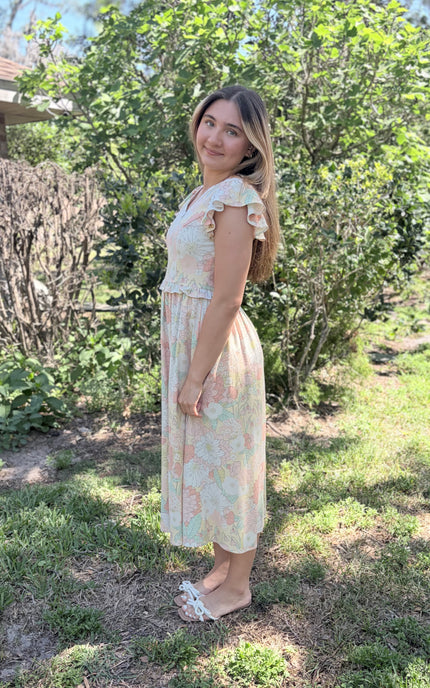 Garden Party Floral Midi Dress | Linen Blend, Flutter Sleeves & Scallop  Trim  Justyna Grace Boutique