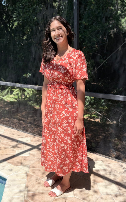 Feminine floral midi dress styled for everyday wear