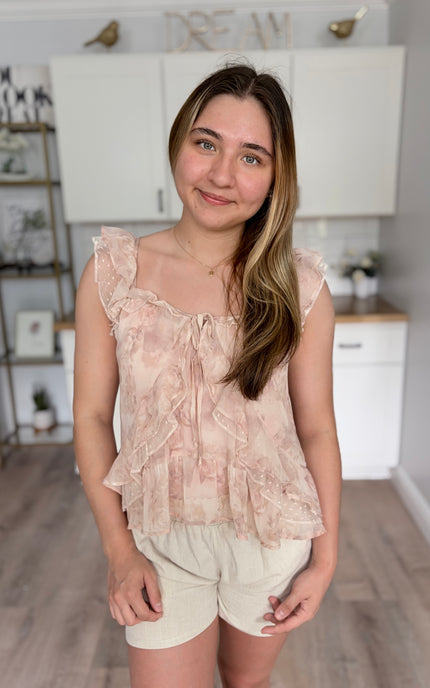 Floral ruffle v neck top with front tie detail