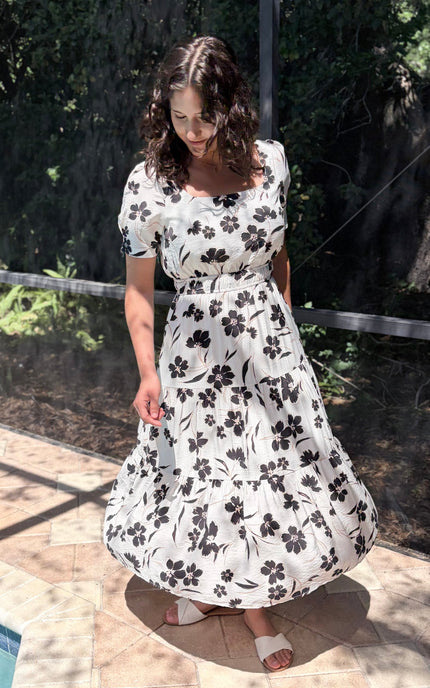 Full outfit view of feminine floral midi dress styled for everyday wear