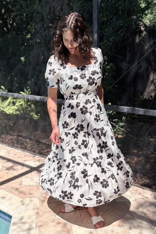 Full outfit view of feminine floral midi dress styled for everyday wear