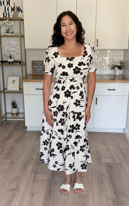 Full outfit view of feminine floral midi dress styled for everyday wear