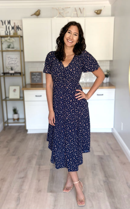 Feminine floral midi dress styled for everyday wear
