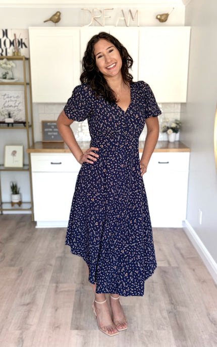 Feminine floral midi dress styled for everyday wear