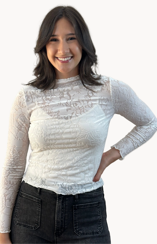 Floral Velvet Mesh Top — cream floral velvet mock neck blouse with ruffled edges, made in the USA from Justyna Grace Boutique.