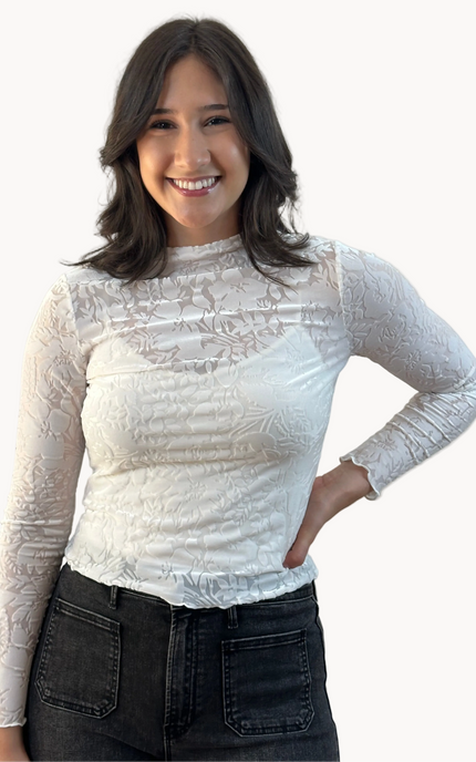 Floral Velvet Mesh Top — cream floral velvet mock neck blouse with ruffled edges, made in the USA from Justyna Grace Boutique.