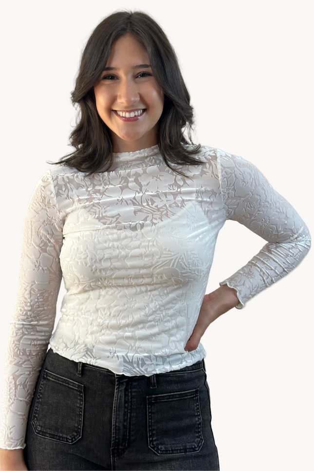 Floral Velvet Mesh Top — cream floral velvet mock neck blouse with ruffled edges, made in the USA from Justyna Grace Boutique.