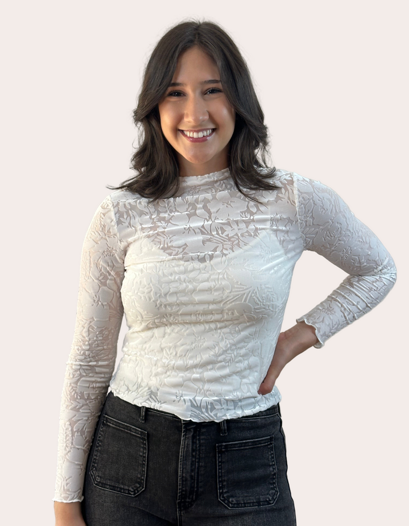 Floral Velvet Mesh Top — cream floral velvet mock neck blouse with ruffled edges, made in the USA from Justyna Grace Boutique.