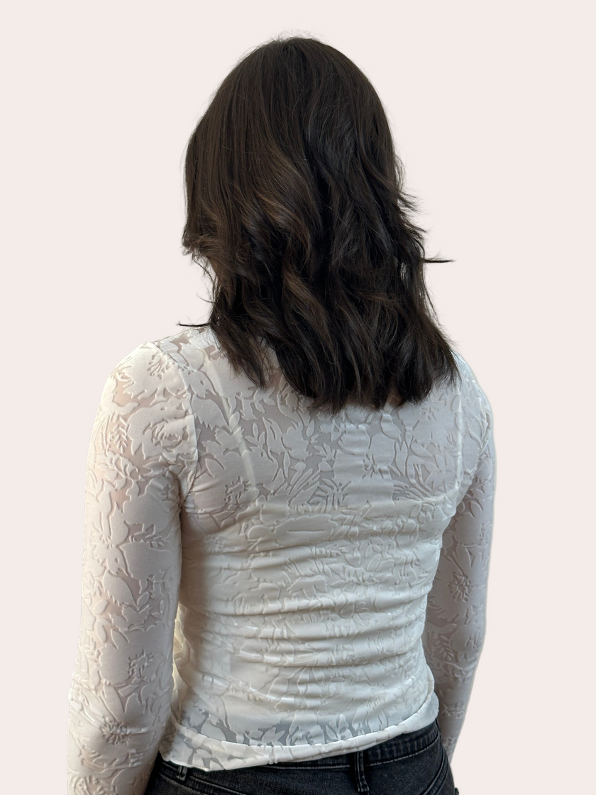 Floral Velvet Mesh Top — cream floral velvet mock neck blouse with ruffled edges, made in the USA from Justyna Grace Boutique.