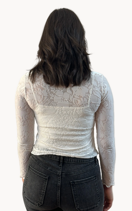 Floral Velvet Mesh Top — cream floral velvet mock neck blouse with ruffled edges, made in the USA from Justyna Grace Boutique.