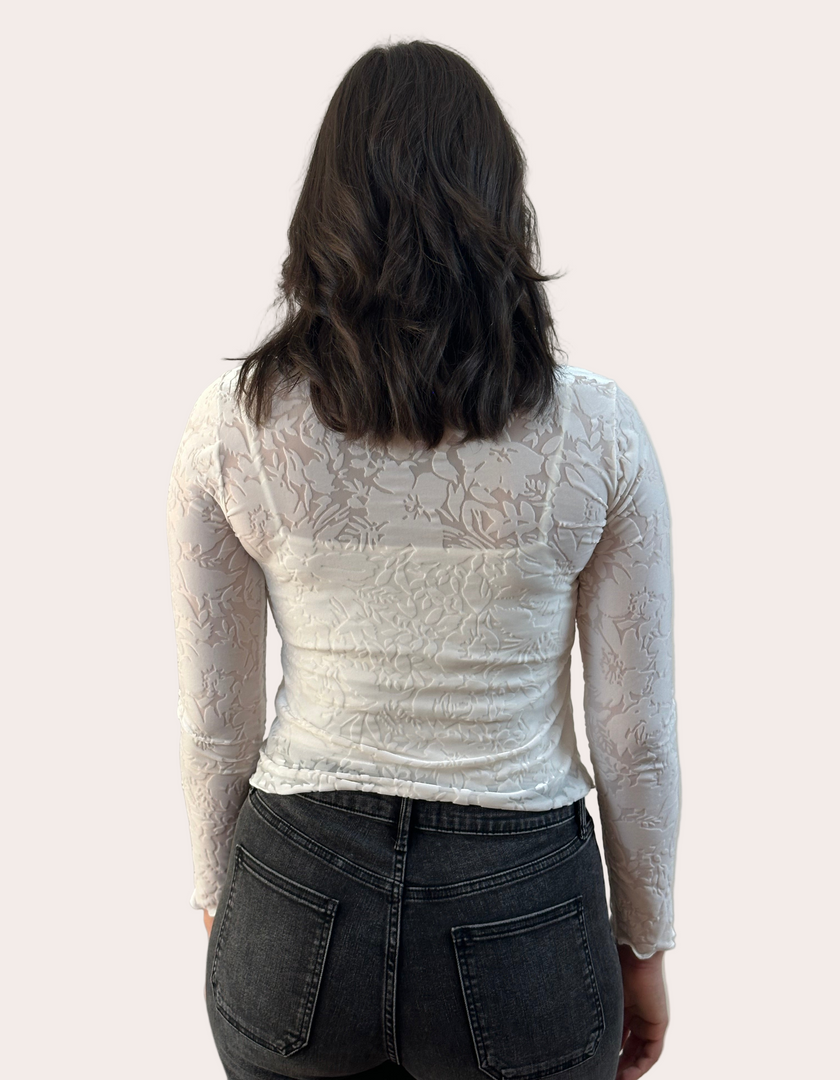 Floral Velvet Mesh Top — cream floral velvet mock neck blouse with ruffled edges, made in the USA from Justyna Grace Boutique.