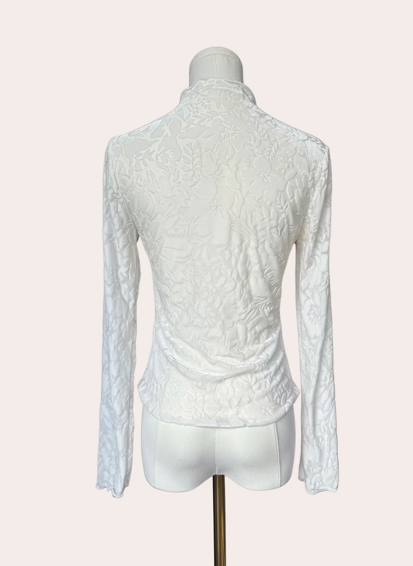Floral Velvet Mesh Top — cream floral velvet mock neck blouse with ruffled edges, made in the USA from Justyna Grace Boutique.