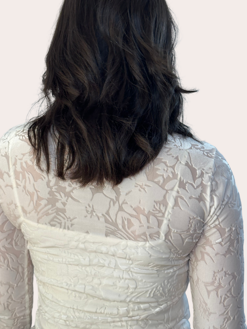 Floral Velvet Mesh Top — cream floral velvet mock neck blouse with ruffled edges, made in the USA from Justyna Grace Boutique.