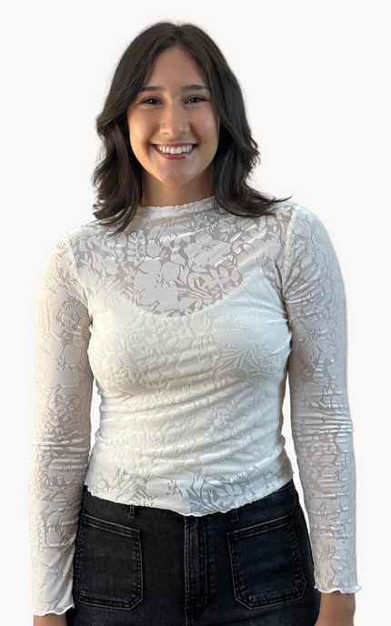 Floral Velvet Mesh Top — cream floral velvet mock neck blouse with ruffled edges, made in the USA from Justyna Grace Boutique.