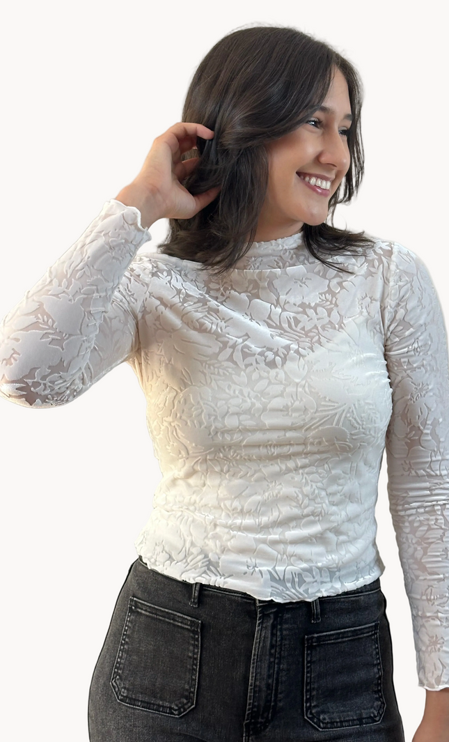 Floral Velvet Mesh Top — cream floral velvet mock neck blouse with ruffled edges, made in the USA from Justyna Grace Boutique.