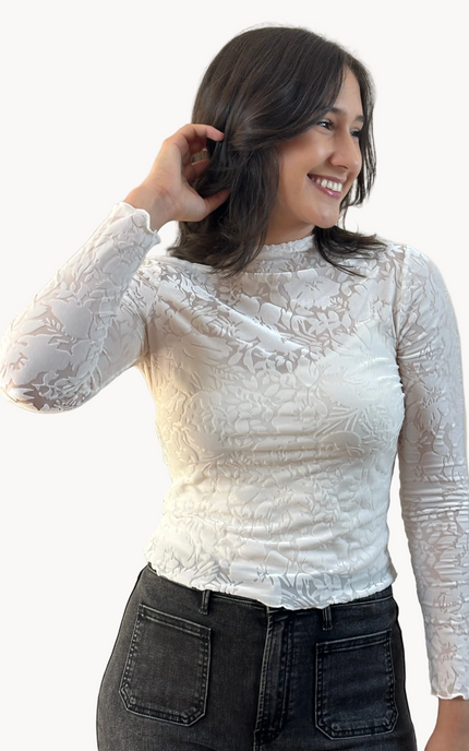 Floral Velvet Mesh Top — cream floral velvet mock neck blouse with ruffled edges, made in the USA from Justyna Grace Boutique.
