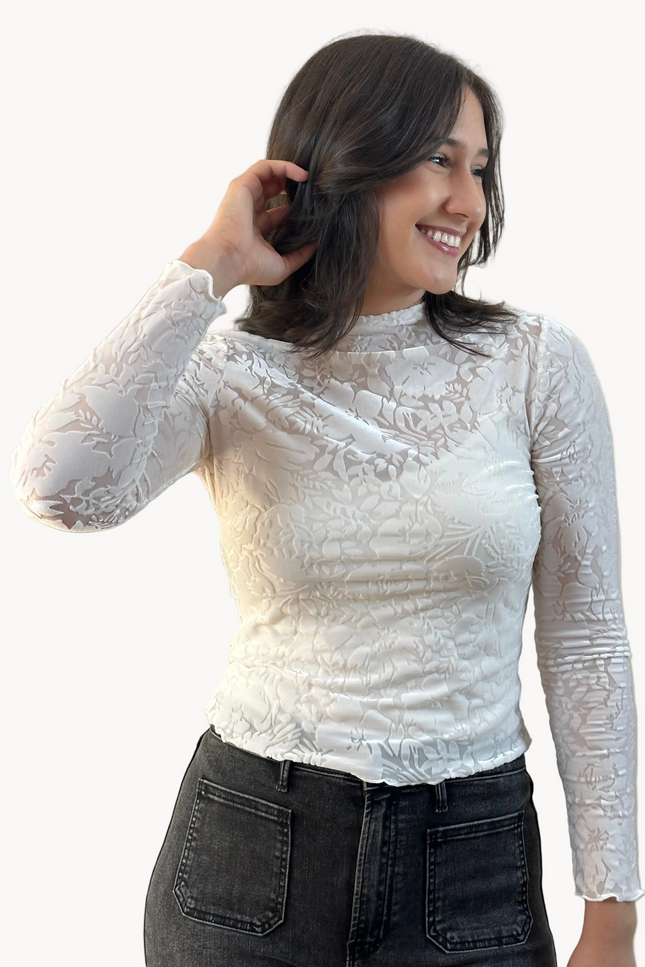 Floral Velvet Mesh Top — cream floral velvet mock neck blouse with ruffled edges, made in the USA from Justyna Grace Boutique.