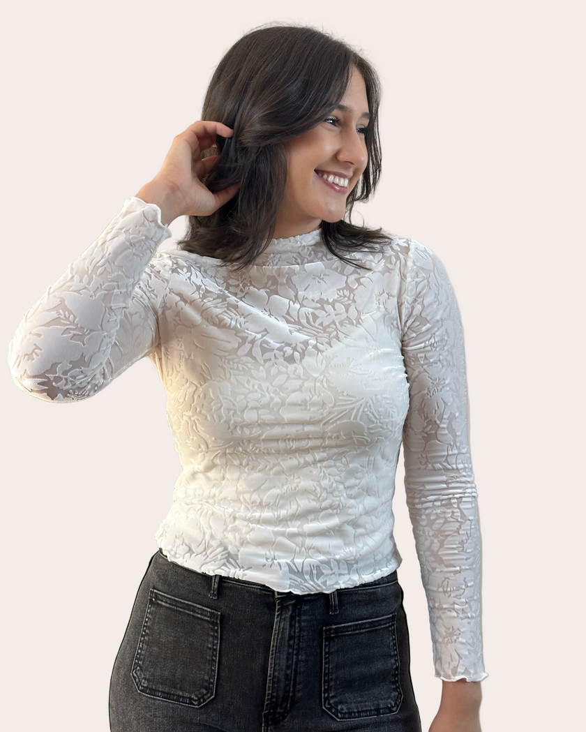 Floral Velvet Mesh Top — cream floral velvet mock neck blouse with ruffled edges, made in the USA from Justyna Grace Boutique.