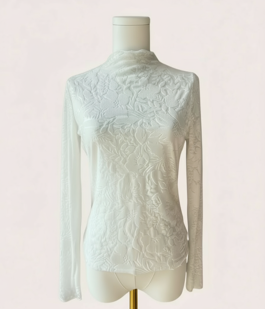 Floral Velvet Mesh Top — cream floral velvet mock neck blouse with ruffled edges, made in the USA from Justyna Grace Boutique.