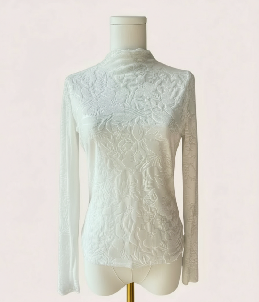 Floral Velvet Mesh Top — cream floral velvet mock neck blouse with ruffled edges, made in the USA from Justyna Grace Boutique.
