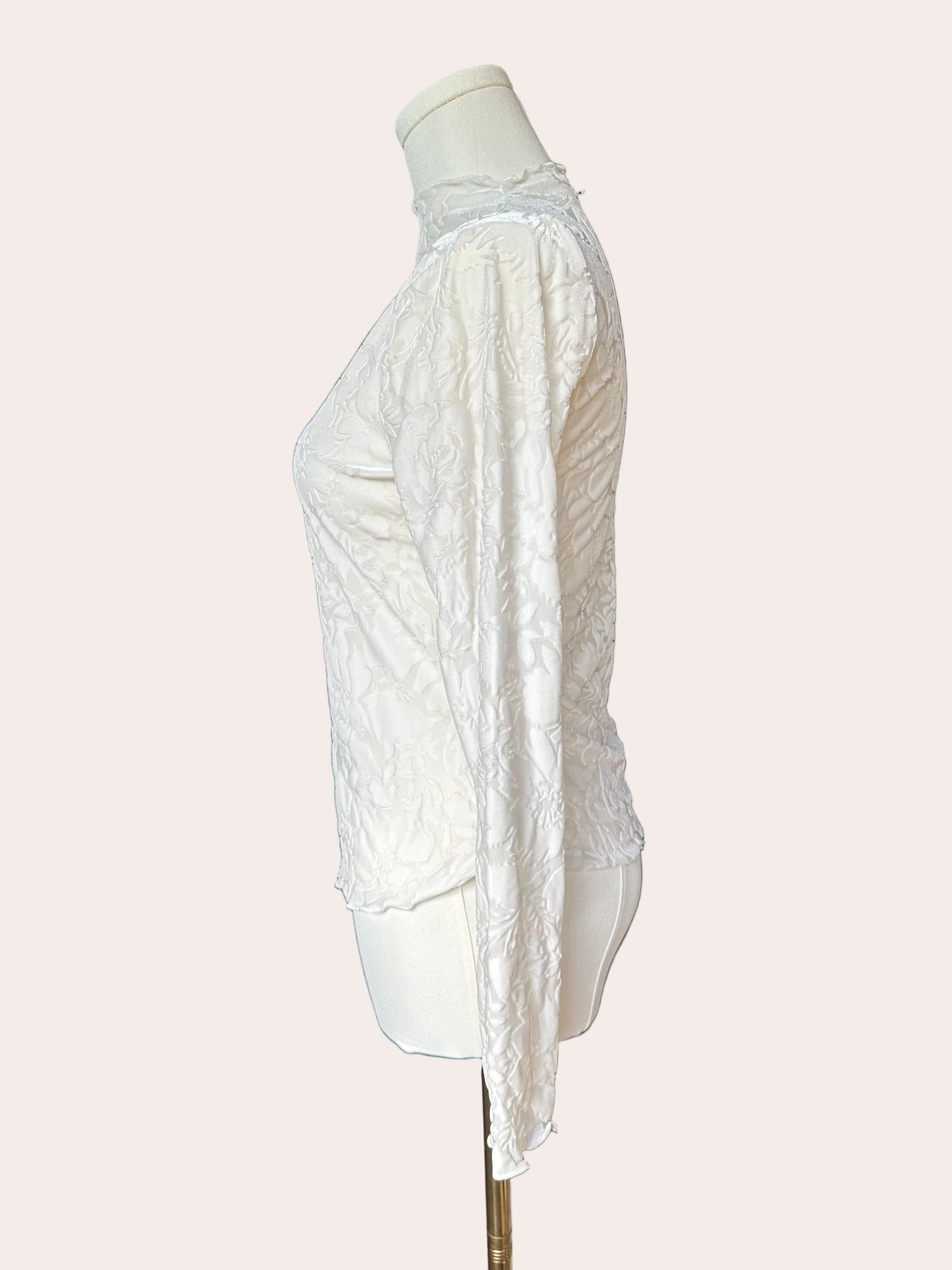 Floral Velvet Mesh Top — cream floral velvet mock neck blouse with ruffled edges, made in the USA from Justyna Grace Boutique.