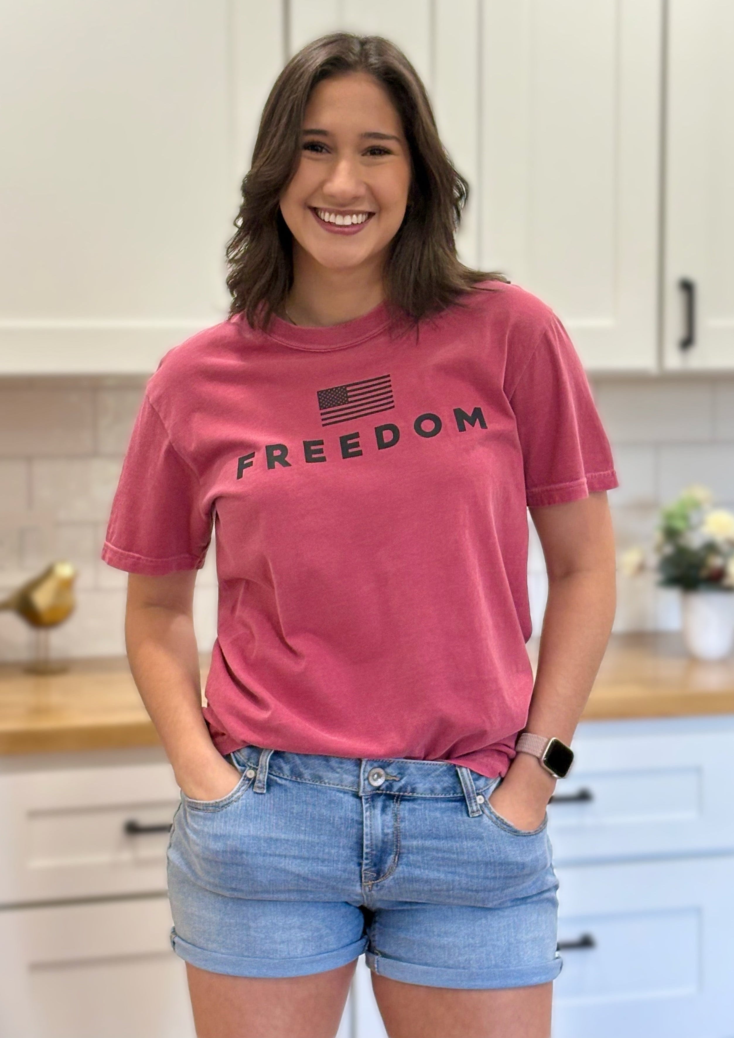 Freedom Graphic Tee — bold American flag design on soft Comfort Colors cotton tee from Justyna Grace Boutique.
