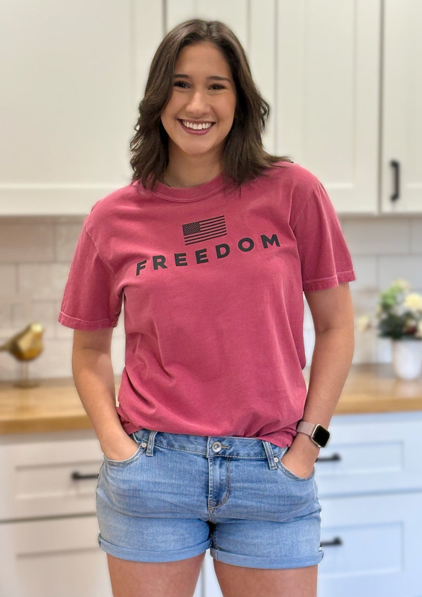 Freedom Graphic Tee — bold American flag design on soft Comfort Colors cotton tee from Justyna Grace Boutique.