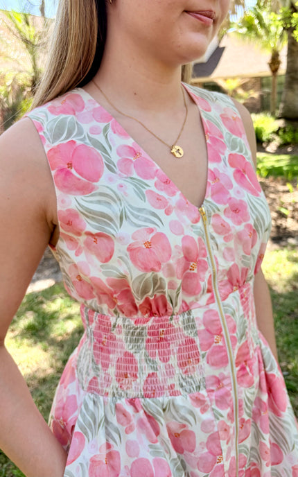 Side pocket opening on Garden Floral Cotton Midi Dress in watercolor floral cotton