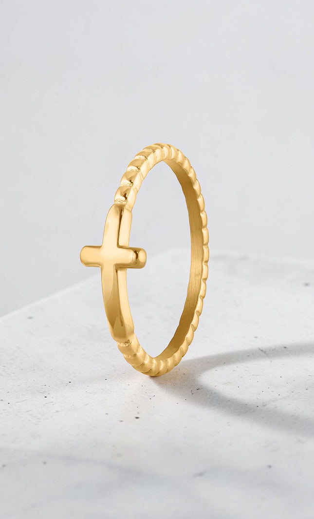 gold cross stacking ring stainless steel waterproof tarnish resistant