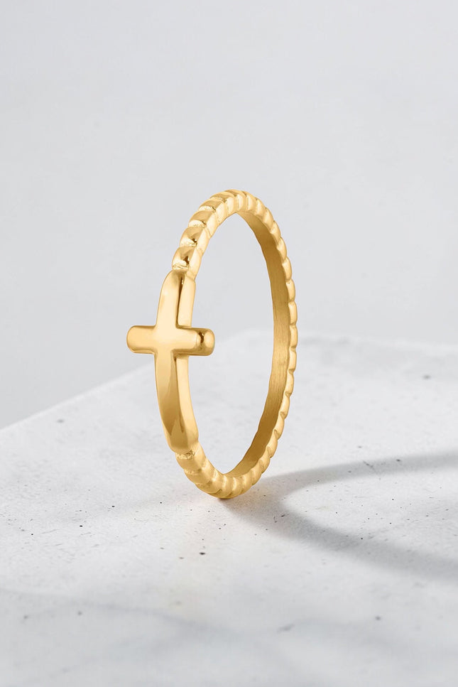 gold cross stacking ring stainless steel waterproof tarnish resistant