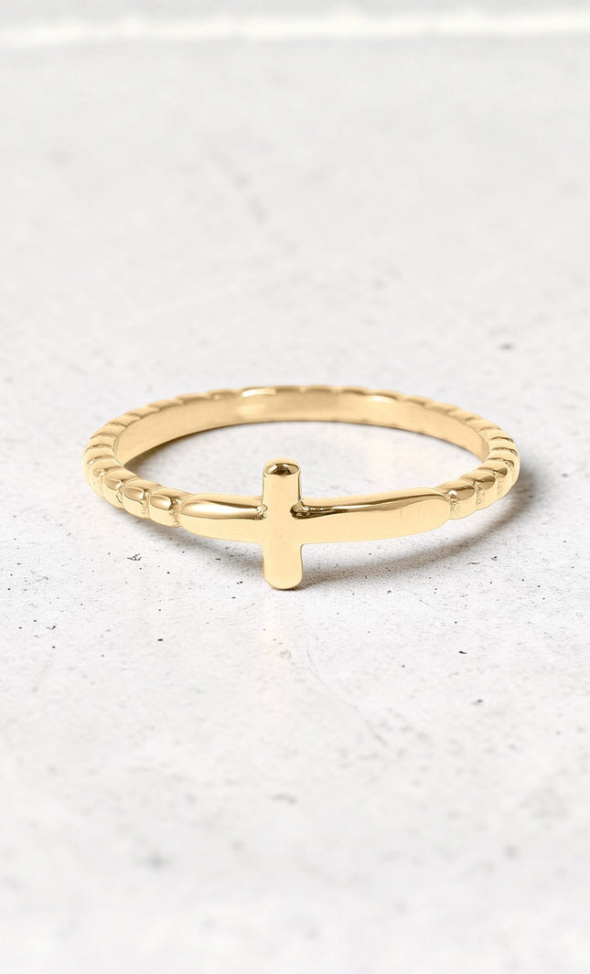 minimal beaded band cross ring gold everyday faith jewelry