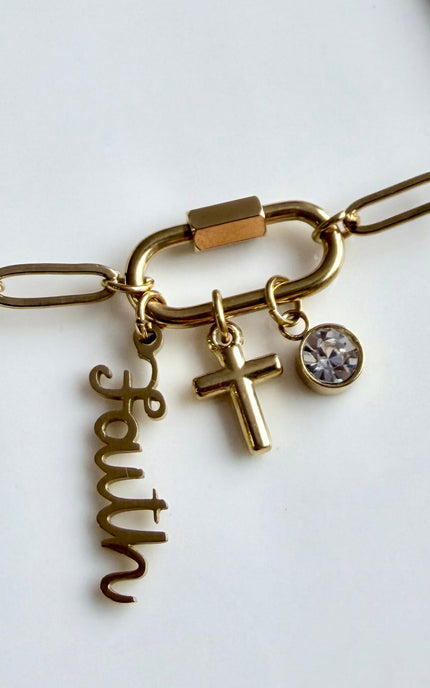 modern christian necklace gold carabiner clasp cross charm design